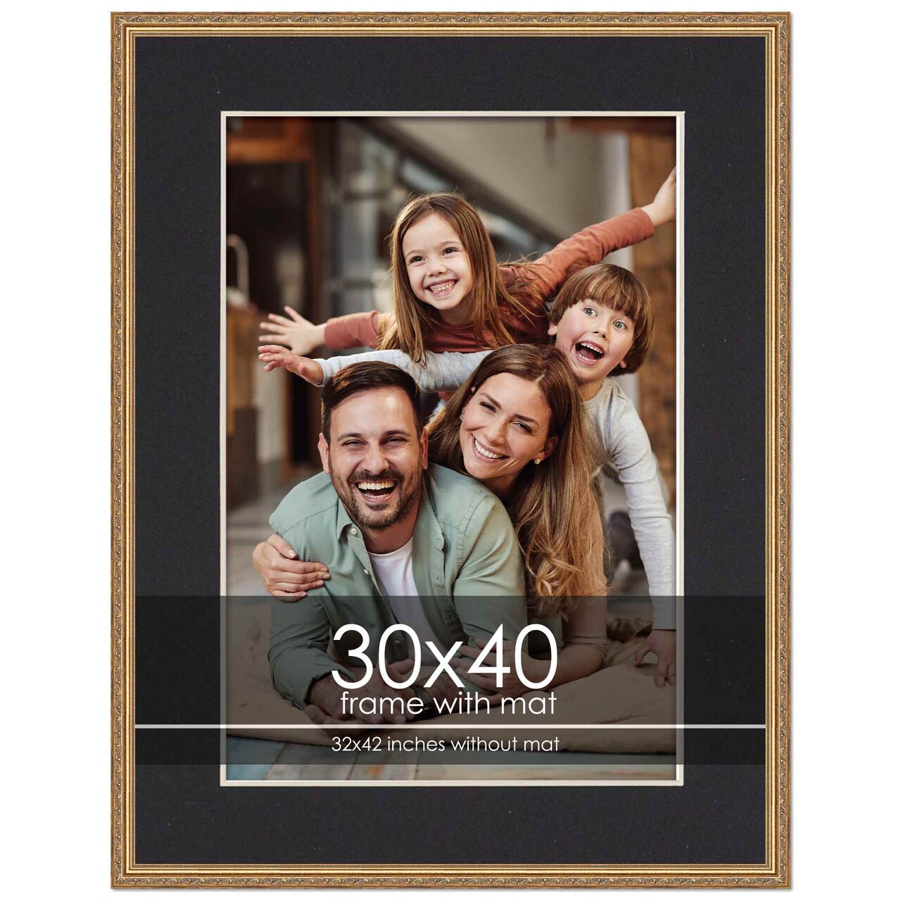 Antique Gold Frame with Black Photo Mat, UV Acrylic Front, Foam Board Backing, 60 Sizes Available